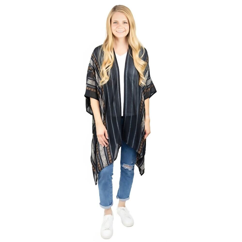 TIme and Tru Womens Yarn Dye Border Stripe Layering Piece, Black Boho Kimono Top